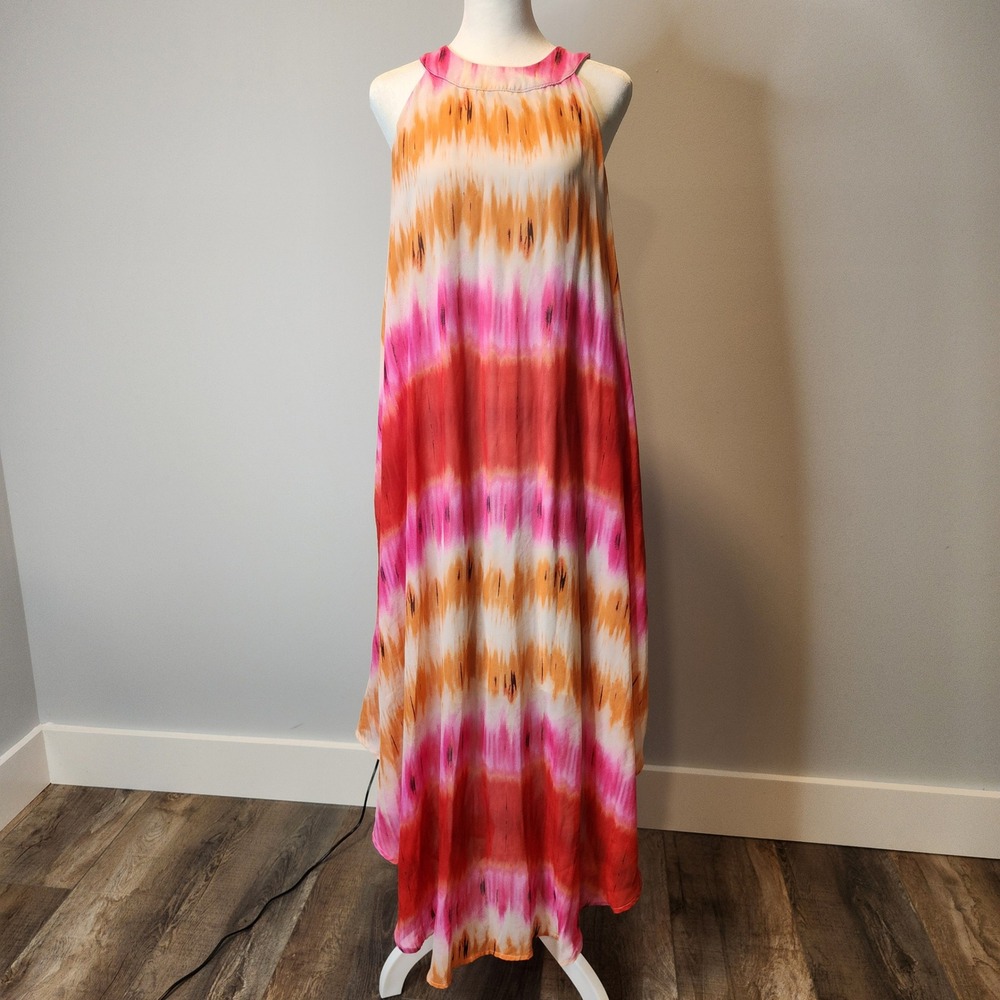 Wrapper Maxi Dress Women 2X Pink Orange Tie Dye Excellent Boho High-Low Halter